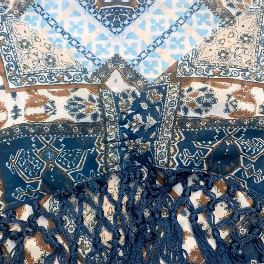 2/$30 Boho Western Teal Blue Tan Brown Print Bandana Neck Scarf Size XS Fringe